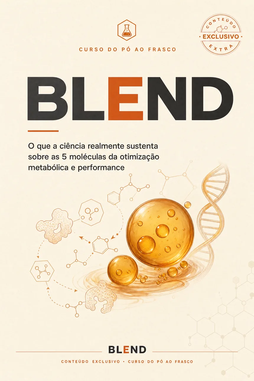 Capa do ebook BLEND: wordmark grande com o E em terracota sobre fundo creme, com uma gota âmbar e uma hélice de DNA.